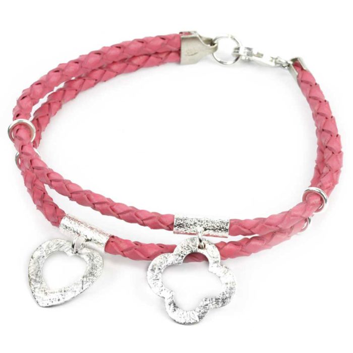 Sterling Silver Fuchsia Heart & Flower Charm Bracelet